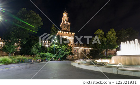 Main entrance to the Sforza Castle and tower - Castello Sforzesco night timelapse hyperlapse, Milan, Italy 122321931