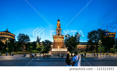 Main entrance to the Sforza Castle and tower - Castello Sforzesco day to night timelapse, Milan, Italy Main entrance to the Sforza Castle and tower - Castello Sforzesco day to night timelapse, Milan, Italy 122321933