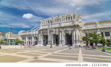 Front view of Milan antique central railway station timelapse hyperlapse. 122321942