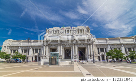 Front view of Milan antique central railway station timelapse hyperlapse. 122321943