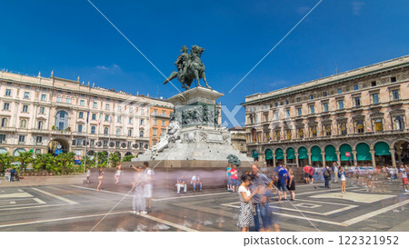 Vittorio Emanuele II statue at Piazza del Duomo timelapse hyperlapse. Milan in Lombardy, Italy. 122321952