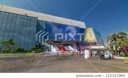 Red carpet stairway at Palais des Festivals et des Congres timelapse hyperlapse in Cannes, France. Red carpet stairway at Palais des Festivals et des Congres timelapse hyperlapse in Cannes, France. 122321964