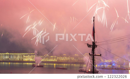 Fireworks timelapse over the city of St. Petersburg Russia on the feast of Scarlet Sails, view from rooftop. Fireworks timelapse over the city of St. Petersburg Russia on the feast of Scarlet Sails, view from rooftop. 122322026