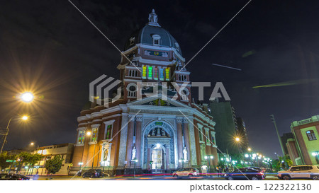 Exterior of the Immaculate Heart of Mary Church illuminated at night timelapse hyperlapse. Lima, Peru Exterior of the Immaculate Heart of Mary Church illuminated at night timelapse hyperlapse. Lima, Peru 122322130