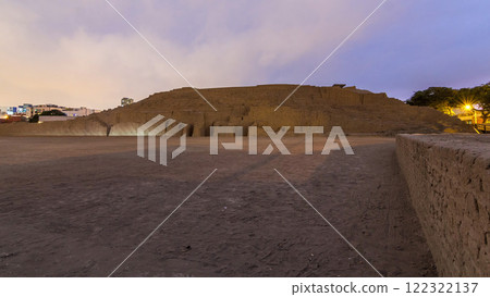 Pyramid of Huaca Pucllana day to night timelapse, pre Inca culture ceremonial building ruins in Lima, Peru 122322137