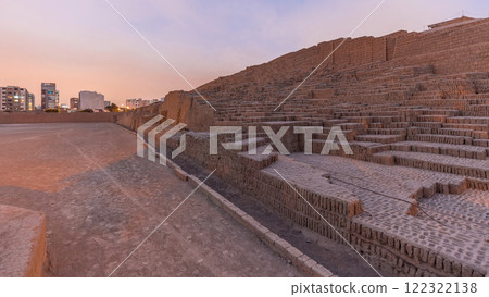 Pyramid of Huaca Pucllana day to night timelapse, pre Inca culture ceremonial building ruins in Lima, Peru 122322138