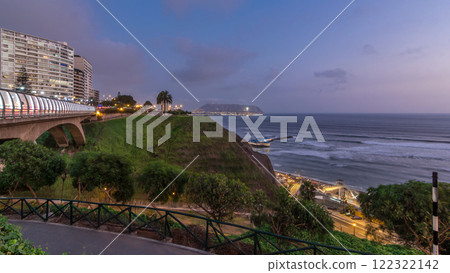 Villena Bridge with traffic and partial City view in the Background day to night timelapse, Lima, Peru. 122322142