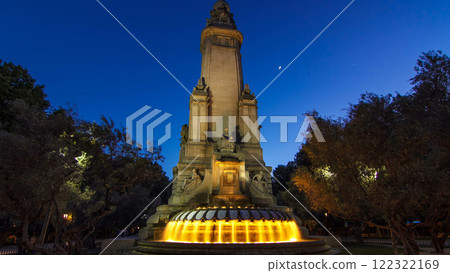 Cervantes monument timelapse hyperlapse on the Square of Spain in Madrid day to night transition 122322169