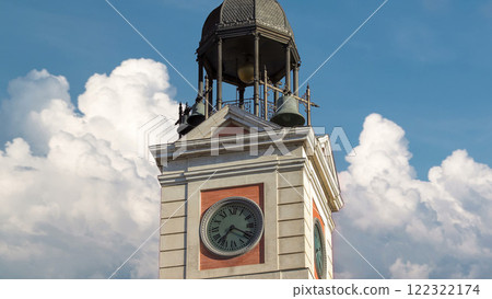 Watch tower on The Old Post Office building timelapse hyperlapse. Located in the Puerta del Sol. Madrid, Spain 122322174