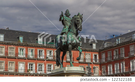 Statue of Philip III timelapse hyperlapse at Mayor plaza in Madrid in a beautiful summer day, Spain Statue of Philip III timelapse hyperlapse at Mayor plaza in Madrid in a beautiful summer day, Spain 122322188