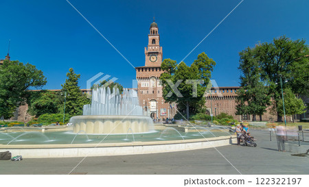 Main entrance to the Sforza Castle - Castello Sforzesco and fountain in front of it timelapse hyperlapse, Milan, Italy 122322197
