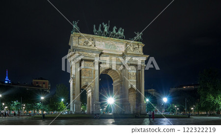 Arch of Peace in Simplon Square timelapse hyperlapse at night. It is a neoclassical triumph arch Arch of Peace in Simplon Square timelapse hyperlapse at night. It is a neoclassical triumph arch 122322219