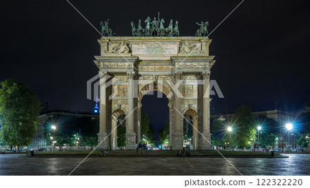 Arch of Peace in Simplon Square timelapse hyperlapse at night. It is a neoclassical triumph arch Arch of Peace in Simplon Square timelapse hyperlapse at night. It is a neoclassical triumph arch 122322220