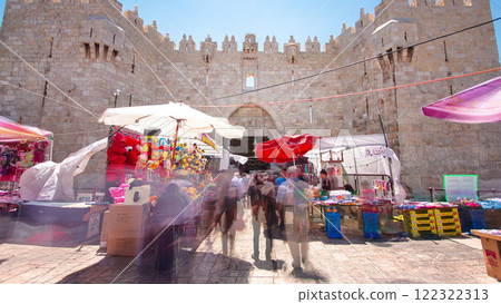Entrance to Damascus Gate or Shechem Gate timelapse hyperlapse, one of the gates to the Old City of Jerusalem, Israel Entrance to Damascus Gate or Shechem Gate timelapse hyperlapse, one of the gates to the Old City of Jerusalem, Israel 122322313