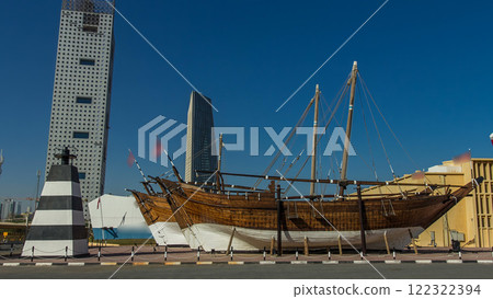 Historic dhow ships timelapse hyperlapse at the Maritime Museum of in Kuwait. Kuwait, Middle East 122322394