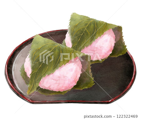 Watercolor illustration of Sakuramochi on a tray 122322469