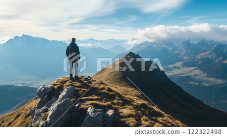 Hiker Enjoying Stunning Mountain Range and Valley View on a Clear Day 122322498