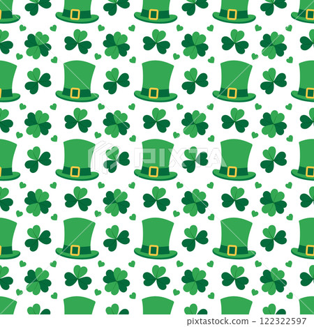 Leprechaun hat, Quatrefoil, Shamrock and Decorative hearts in monochrome green. St Patrick Day fond Leprechaun hat, Quatrefoil, Shamrock and Decorative hearts in monochrome green. St Patrick Day fond 122322597