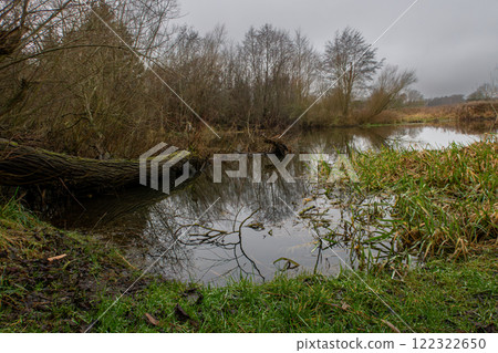 A peaceful river during fall colors with beautiful reflections in the water, Scania county, Sweden A peaceful river during fall colors with beautiful reflections in the water, Scania county, Sweden 122322650