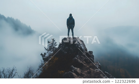Man Standing on a Foggy Mountain Ridge Overlooking the Misty Landscape 122322696