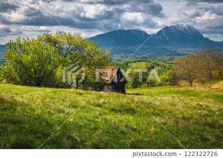 Lonely old rural hut on the glade, Holbav, Romania 122322726