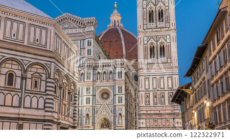 Facade and dome of The Basilica di Santa Maria del Fiore day to night timelapse which is the cathedral church Duomo of Florence in Italy Facade and dome of The Basilica di Santa Maria del Fiore day to night timelapse which is the cathedral church Duomo of Florence in Italy 122322971