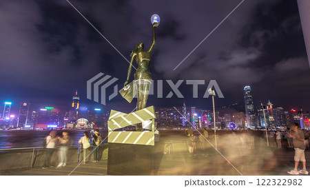 Bronze statue of Hong Kong Film Awards and skyline in Avenue of Stars timelapse hyperlapse. 122322982