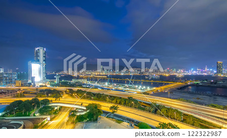 Hong Kong skyline day to night, aerial view from Kowloon bay downtown timelapse 122322987