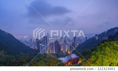 The famous view of Hong Kong from Victoria Peak night to day timelapse. The famous view of Hong Kong from Victoria Peak night to day timelapse. 122323001