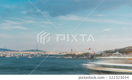 Tourist ship and ferries traffic on Bosphorus timelapse view from Galata Bridge in Istanbul, Turkey Tourist ship and ferries traffic on Bosphorus timelapse view from Galata Bridge in Istanbul, Turkey 122323034