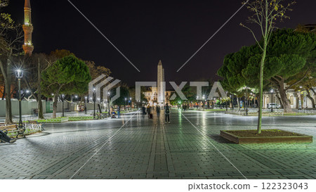 Obelisk of Theodosius with hieroglyphs in Sultanahmet Square night timelapse hyperlapse, Istanbul, Turkey 122323043