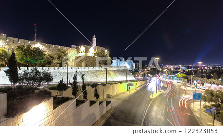 Traffic at Jaffa street and Tower of David at night timelapse hyperlapse. Jerusalem, Israel 122323053