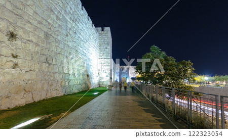 Walls of Ancient City at Night timelapse hyperlapse, Jerusalem, Israel 122323054