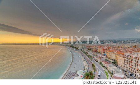 Sunset over Nice city and Mediterranean Sea aerial timelapse 122323141