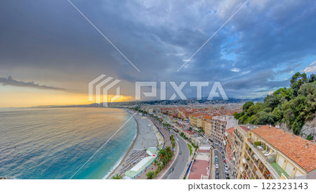 Sunset over Nice city and Mediterranean Sea aerial timelapse Sunset over Nice city and Mediterranean Sea aerial timelapse 122323143
