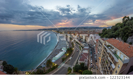 Panorama over Nice city and Mediterranean Sea aerial day to night timelapse Panorama over Nice city and Mediterranean Sea aerial day to night timelapse 122323144