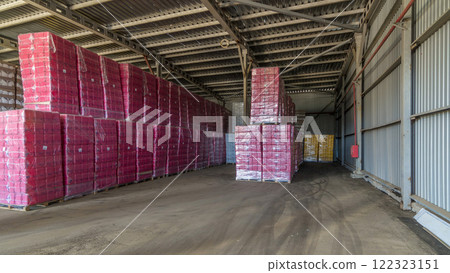 Forklift loader and cargo boxes storing at warehouse timelapse hyperlapse 122323151