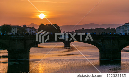 Cityscape view on Arno river with famous Holy Trinity bridge timelapse on the sunset in Florence Cityscape view on Arno river with famous Holy Trinity bridge timelapse on the sunset in Florence 122323185