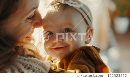 Mother and Baby Sharing an Intimate Moment in Warm Sunlight Mother and Baby Sharing an Intimate Moment in Warm Sunlight 122323232