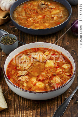 Traditional Ukrainian cuisine, soup or borscht. 122323315