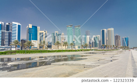 The high-rise district of Doha with fountain timelapse hyperlapse 122323339
