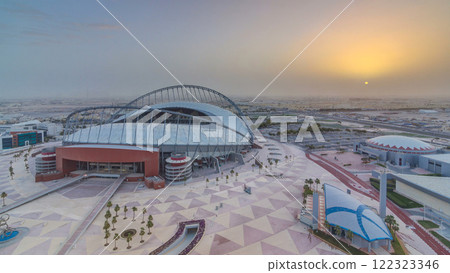 Aerial view of Aspire Zone stadium from at sunrise timelapse in Doha Aerial view of Aspire Zone stadium from at sunrise timelapse in Doha 122323346