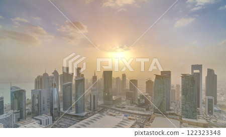 Skyscrapers at sunset timelapse in the skyline of commercial center of Doha, the capital Qatar Skyscrapers at sunset timelapse in the skyline of commercial center of Doha, the capital Qatar 122323348