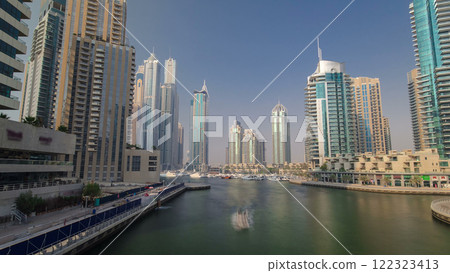 Dubai Marina skyscrapers. View from embankment timelapse hyperlapse Dubai Marina skyscrapers. View from embankment timelapse hyperlapse 122323413