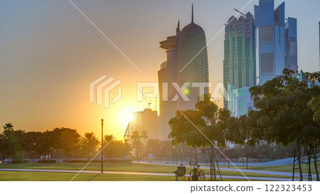 The high-rise district of Doha timelapse at sunset 122323453