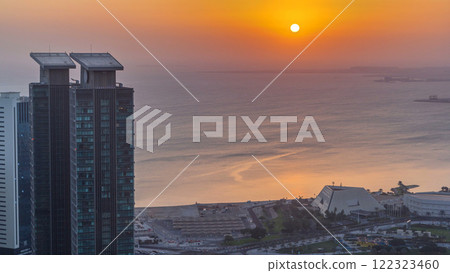 The skyline of West Bay and Doha City Center during sunrise timelapse, Qatar The skyline of West Bay and Doha City Center during sunrise timelapse, Qatar 122323460