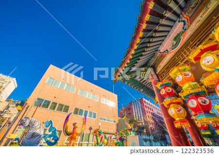 Yokohama cityscape in Japan, January 7. 2025 Chinese New Year lanterns. A row of sacred animals in front of "Kaiho-tei" in Yamashitacho Park... = 22nd 122323536