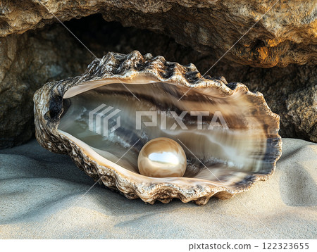 open oyster shell with pearl inside rests on sandy ground, showcasing natural beauty. ai generative open oyster shell with pearl inside rests on sandy ground, showcasing natural beauty. ai generative 122323655