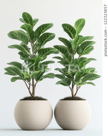 Two lush ornamental plants in round pots on light background. ai generative 122323657
