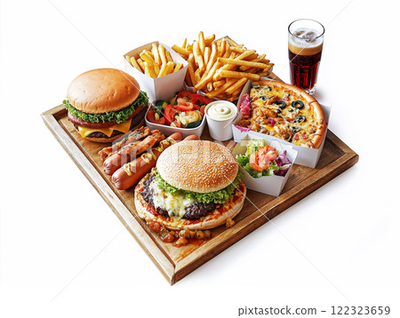 delicious assortment of fast food including burgers, fries, pizza, and hot dogs. ai generative 122323659